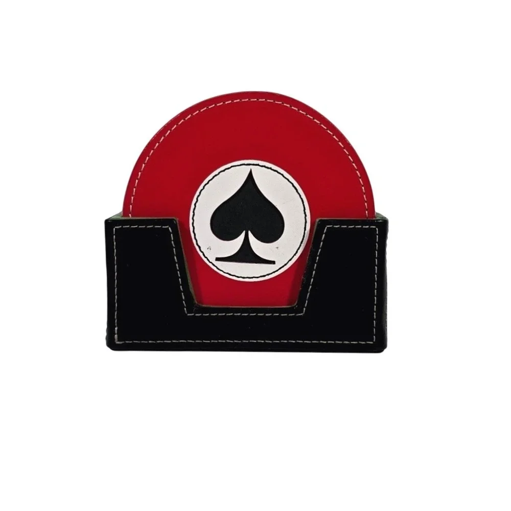 Set of 6 Poker‎ Card Suit Coasters with Black Holder Red Black faux Leather